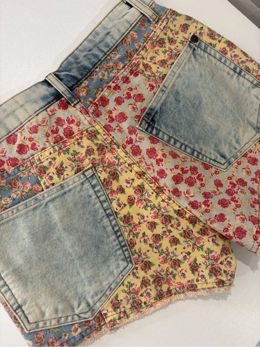 Farm Rio Floral Patchwork Denim Women’s Shorts - Yellow/Pink/Blue - Picture 5 of 11